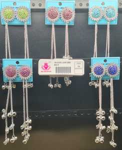 Oxidised Silver Colorful Rhinestone Floral Sunflower <b>Stud</b> Multi <b>Chain</b> Hanging Ghungroo Drop <b>Earrings</b> Statement Jewelry - Product Image 1