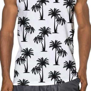 Chemises sans manches pour hommes, débardeur blanc et noir à imprimé palmiers, col rond, décontracté, été, coupe musclée - Product Image 4
