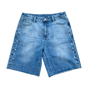 Custom Summer Y2K Casual Straight Streetwear Hip Pop Vintage Ripped Distressed Embroidery <b>Patch</b> Washed Denim <b>Shorts</b> <b>Men</b> - Product Image 1