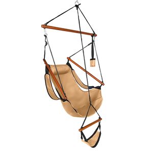 Sedia Sospesa in Tessuto Oxford per Cortile e Spiaggia, Capacità 100kg, Marrone con Asta in Legno Forata e Portabicchieri - Product Image 1