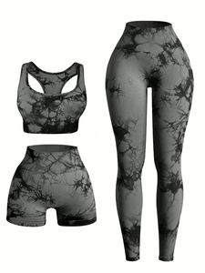 Conjunto de Yoga de 3 Piezas con Tinte Tie Dye, Leggings de Cintura Alta, Sujetador Deportivo y Pantalones Cortos, Ropa de Gimnasio, Atuendo Deportivo - Product Image 2