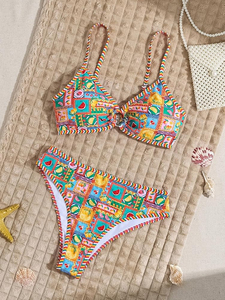 Conjunto de Bikini de 2 Piezas con Estampado Paisley para Mujer, Cuello Bandeau, Cintura Alta, Traje de Baño de Spandex, Estilo Boho, Lentejuelas, Secado Rápido, Logotipo Frontal - Product Image 6
