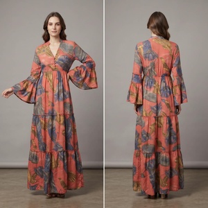 Vestido Maxi de Crepé con Estampado Floral Bohemio Vintage para Mujer, Cuello en V, Manga Campana, Cintura Imperio, Largo con Volantes, Casual de Verano - Product Image 4