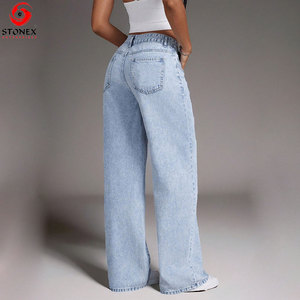 Jean en denim taille mi-haute pour femme, coupe ample, jambe large, longueur intégrale, délavage moyen, style streetwear, écologique, haute qualité - Product Image 2