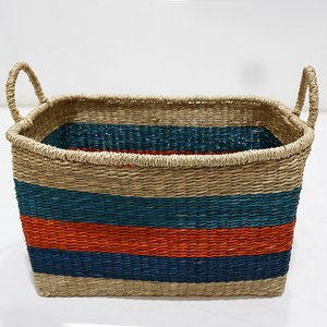 Panier de rangement artisanal en jonc de mer, motif rayé bleu naturel, tissé à la main, décoration d'intérieur - Product Image 2