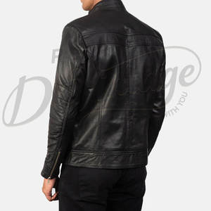 Blouson en cuir noir pour homme, véritable peau de mouton, coupe ajustée, style motard superposé, décontracté, automne-hiver - Product Image 2