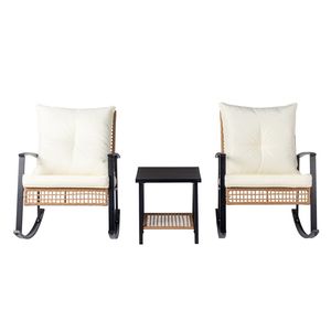 Ensemble trois pièces en rotin PE pour patio, jaune clair et blanc, comprenant 1 table d'appoint et 2 fauteuils à bascule avec dossier tressé finement - Product Image 1
