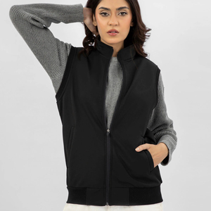Women Black Sleeveless <b>Vest</b> Stand Collar Zipper Closure Solid Color PU Leather Outerwear Regular Length Minimalist Style - Product Image 1