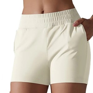 Shorts de sport roses taille haute pour femme avec logo personnalisé, poches, séchage rapide, en polyester tricoté, taille élastique, coupe régulière, fourniture OEM - Product Image 3