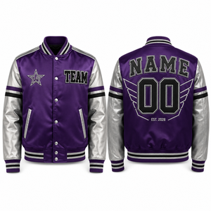 Purple PU Fleece Varsity <b>Jacket</b> Unisex Casual Durable Embroidered Team Logo Lettering <b>Silver</b> Sleeve Winter Wear - Product Image 1