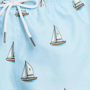Men's Light Blue Sailboat Print Board Shorts Quick Dry Drawstring Waist Pockets Casual Swimwear - Product Image 4