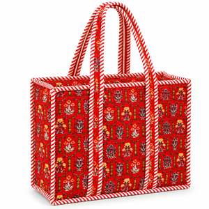 <b>Red</b> Floral Canvas Tote Bag Candy Stripe Trim Bohemian Style Open Top Shopping Bag All Seasons - Product Image 1