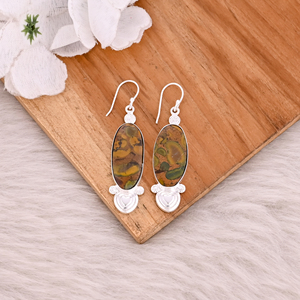 Pendientes Colgantes de Latón Plateado con Piedras Preciosas de Jaspe Frutal, Diseño Elegante, Hechos a Mano, Regalo de Boda - Product Image 2