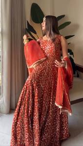 Latest Ethnic Wear Gown with Palazzo and Dupatta Soft Micro Cotton Lining Thread <b>Sequins</b> Embroidery Wedding <b>Party</b> Wear Dress - Product Image 5