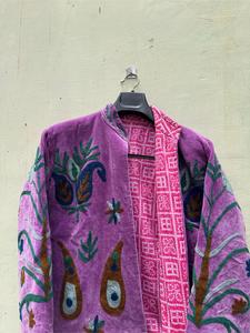 Boho <b>Purple</b> <b>Velvet</b> Floral Embroidered Jacket Full Sleeve Stand Collar Handmade Women's Autumn Outerwear - Product Image 4