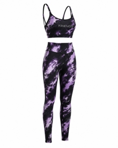 Friends Purple Tie Dye Yoga Set 2 Piece Racerback <b>Crop</b> <b>Top</b> High Waist Leggings Full Length Spandex Polyester Breathable - Product Image 1