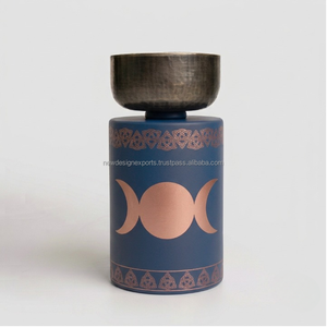 Brûleur d'encens cylindrique moderne bleu turquoise mat, chauffe-cire pour bougies chauffe-plat, coupelle en métal gris bronze, cadeaux parfumés pour autels, faible MOQ - Product Image 1