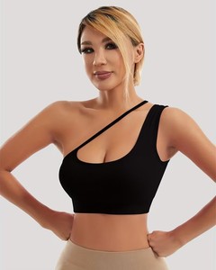 Women One Shoulder Sports Bra Asymmetric Diagonal Strap Ribbed Yoga Crop Top Cutout Fitness Gym Tank Removable <b>Padding</b> - Product Image 1