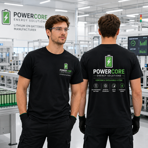 T-shirt du travailleur du fabricant de batteries lithium-ion POWERCORE |   Vêtements de travail industriels de qualité supérieure, 100% coton, coupe ajustée, séchage rapide - Product Image 1