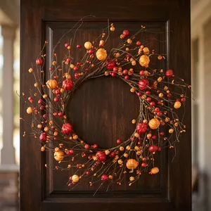 Corona de Calabazas Vibrante para Otoño, Base Rústica de Ramas con Bayas Rojas, Decoración Festiva para el Hogar, Puerta Principal, Acción de Gracias, Halloween - Product Image 4