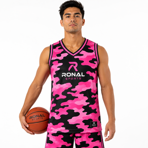 Camiseta de Baloncesto para Hombre de Alta Calidad, Color Rosa y Negro Camuflado, Talla Grande, Sin Mangas, Transpirable, de Secado Rápido, 100% Poliéster - Product Image 3