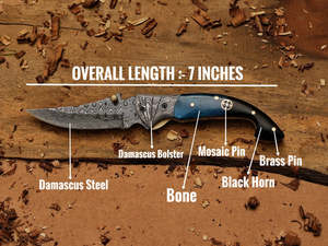 Cuchillo Plegable de Acero de Damasco con Mango Azul y Hoja de Punta Caída, Cuchillo Utilitario para Camping y Actividades al Aire Libre con Apertura de Perilla - Product Image 2