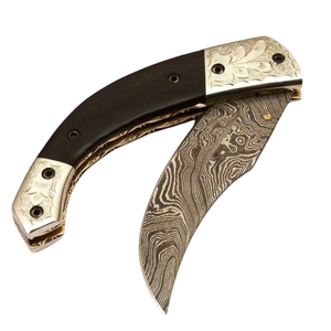 Navaja de bolsillo plegable de acero de Damasco hecha a mano con mango negro, empeines plateados con grabado floral y hoja curva con patrón, cuchillo EDC - Product Image 1