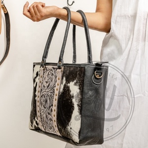 Handmade Large Cowhide Tote <b>Shoulder</b> Bag Genuine Leather with Tooling Patch and Matching <b>Straps</b> Portable Mid Hairon Design - Product Image 4