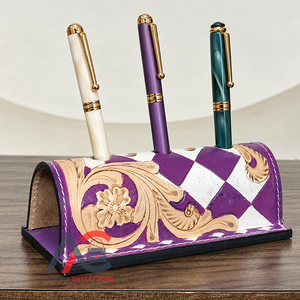 Porte-stylo en cuir véritable à carreaux personnalisable, organiseur de bureau floral gravé, accessoire de bureau fait main, collection de cadeaux - Product Image 1