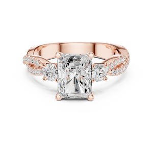 Bague de fiançailles en or rose avec diamant de laboratoire taille radiant, pavé torsadé, trois pierres, pour femme - Product Image 2