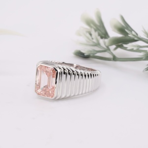 Luxury <b>Men</b> Emerald Cut Pink Lab Grown <b>Ring</b> White Gold Bezel <b>Set</b> Ribbed Grooved Heavy Signet Band Bold Male Engagement <b>Ring</b> - Product Image 2