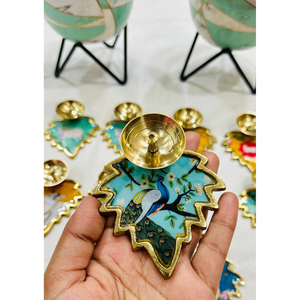 <b>Leaf</b> Shape Golden Metal Tealight Holder | Traditional Hand Painted Pichwai Art Diya | Floral Votive for Home Mandir Decor - Product Image 3
