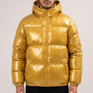 Men's High Quality Customizable Hooded Puffer Jacket Gold Solid Color Breathable <b>Fleece</b> Polyester Fiber Filled Windproof <b>Zipper</b> - Product Image 5