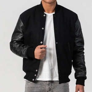 Custom Men's Streetwear Varsity <b>Jacket</b> Wool Polyester Stand Body <b>Real</b> <b>Leather</b> Sleeves Embroidered Patch Regular Fit Winter - Product Image 1