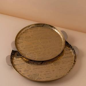 Handcrafted <b>Black</b> Textured Oval Decorative <b>Tray</b> With Green Floral Border For Modern Living Room Centerpiece and Vanity Decor - Product Image 1