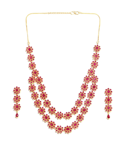New Arrival Handcrafted <b>Ruby</b> Floral <b>Necklace</b> Double Layer Red Stone <b>Necklace</b> with Earrings At Factory Price - Product Image 3