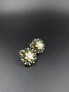 925 Sterling Silver Polki <b>Stud</b> Earrings Nano Green <b>Emerald</b> Flower Shape Indian Jewelry for Women - Product Image 2