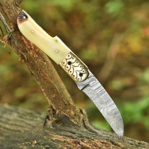 Custom Damascus Steel Folding Hunting <b>Knife</b> Natural <b>Bone</b> <b>Handle</b> Leather Sheath Outdoor Camping Pocket EDC <b>Knife</b> - Product Image 1