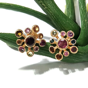 Multicolor Tourmaline Gemstone Stud <b>Earrings</b> 18K Gold Plated Sterling <b>Silver</b> Handmade Bohemian Statement Jewelry for Women - Product Image 4