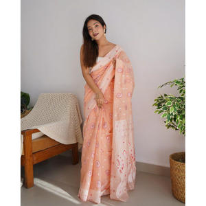SAREE DE TRAVAIL EN JACQUARD DOUX EN COTON À LA MODE AVEC BLOUSE INCOSÉE PÊCHE CLAIR - Product Image 1