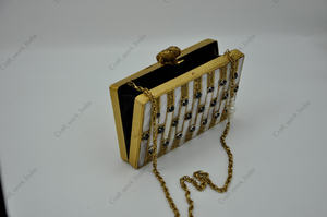 indian handmade Luxury Mother of Pearl <b>Clutch</b> <b>Bag</b> with <b>Black</b> Stone Inlay Handmade Brass <b>Evening</b> Handbag for Women - Product Image 4