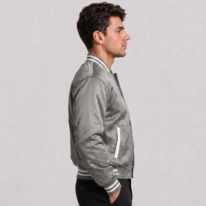 Blouson bomber en satin gris pour homme, coupe classique, couleur unie, col rabattu, vêtement décontracté pour l'automne - Product Image 3
