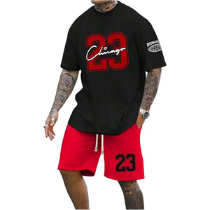 Ensemble de survêtements décontractés pour hommes : T-shirts amples à manches courtes et col rond avec motif numérique et shorts - Product Image 1