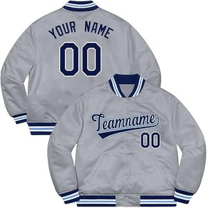 Veste universitaire grise personnalisée pour homme avec bordure bleue, nom et numéro personnalisés, fermeture éclair sur le devant, col rabattu, style preppy, vêtement d'automne - Product Image 1