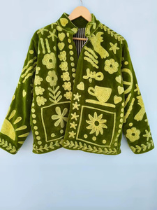 Indian Suzani Embroidery <b>Vintage</b> Reversible <b>Bomber</b> Velvet Cotton Autumn/Winter <b>Jacket</b> Women Floral Quilted 100% Velvet In-Stock - Product Image 1