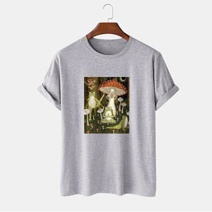 เสื้อยืดแขนสั้นสีดำสำหรับผู้ชายพิมพ์ลายกบและป่าเห็ดลำลองคอกลมผ้าฝ้ายเจอร์ซีย์ทรงพอดีตัว - Product Image 2