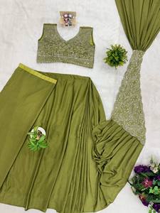 Sari Reversible de Diseño para Mujer, Verde Oliva, con Blusa Bordada, Estilo Indo-Occidental, Listo para Usar, para Fiestas, Bodas, Estilo Étnico - Product Image 6