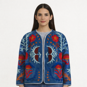 Custom Logo Embroidery RAJASTHANI TEXTILE Ladies Bomber Style Quilted Floral Pattern <b>Sequins</b> Cotton Full Sleeve Embroidered - Product Image 1