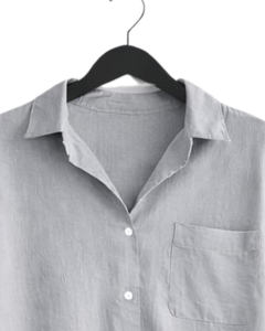 Ensemble deux pièces en lin gris clair pour femmes, chemise à manches longues boutonnée et pantalon à jambes larges à taille élastique, tenue décontractée - Product Image 4