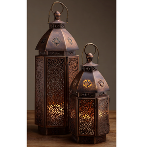 <b>Copper</b> Moroccan <b>Lantern</b> Set Intricate Cutwork Candle Holders Timeless Illumination - Product Image 1